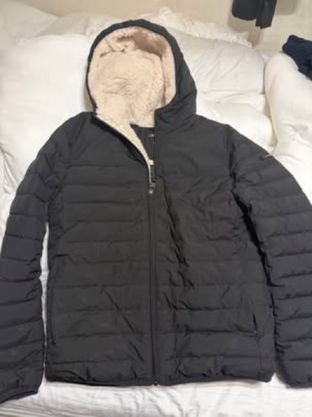 Calvin Klein Black Puffer Jacket with Cream Sherpa Hood